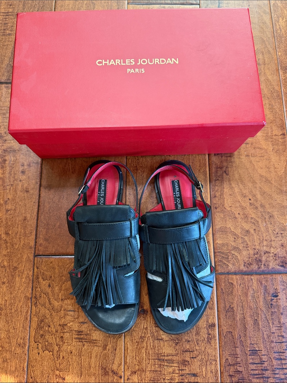 Charles Jourdan Paris Black Leather Fringe Slingbacks with Red Lining